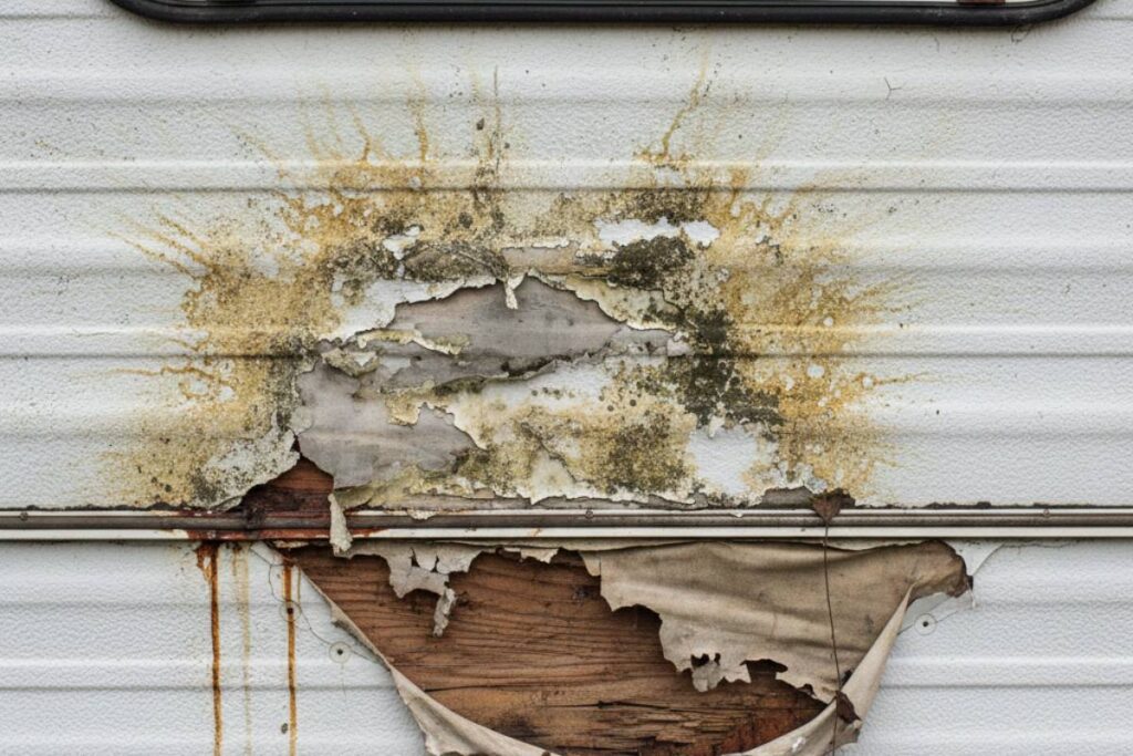 Close-up of caravan wall showing water damage