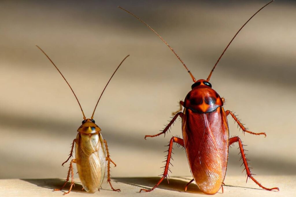 german cockroach next to a large american cockroach for scale.